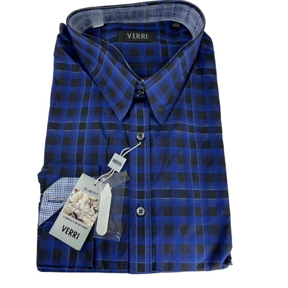 Verri Mens  Dress Shirt u  Blue Plaid Button Down Collared Size XL 44 NEW